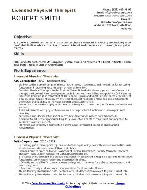 Licensed Physical Therapist Resume Samples | QwikResume