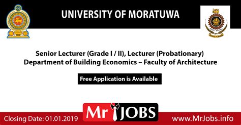 Senior Lecturer (Grade I / II), Lecturer (Probationary) – Department of Building Economics ...