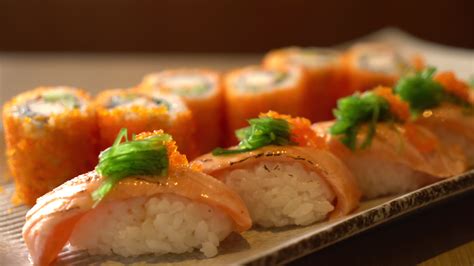 Japanese Salmon Sushi with Salmon Maki Roll 2247912 Stock Video at Vecteezy