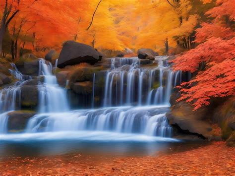 Premium AI Image | A serene waterfall surrounded by vibrant autumn foliage