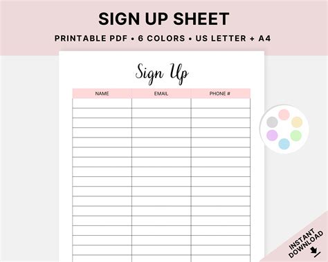 Printable Sign up Sheet Sign up Form Event Sign in Template - Etsy