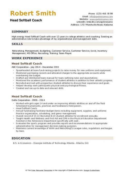 Head Softball Coach Resume Samples | QwikResume