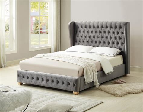 Grey velvet high headboard double bed - Homegenies