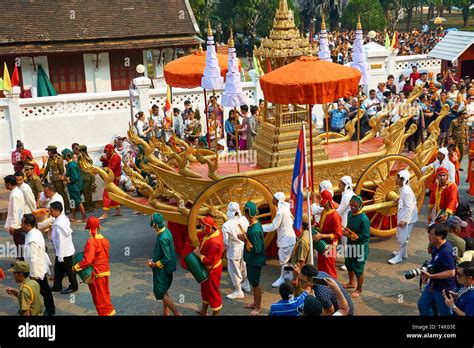 LUANG PRABANG, LAOS - APRIL 17. 2019. Local Lao people celebrating Pi Mai. Lao New Year, parade ...