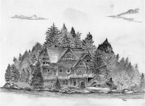 Cottage on a lake, pencil sketch on normal sketchpad paper | Pencil drawings, Pencil drawings of ...