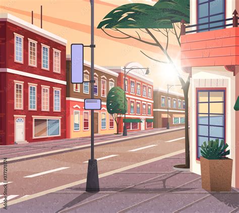 Street of town vector cartoon illustration of the historic urban area ...