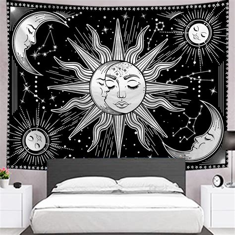 HTOCINQ Sun and Moon Tapestry Burning Sun with Star Tapestry Psychedelic Tapestry Black and ...