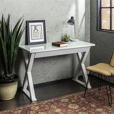 Woven Paths Modern Glass Top X-Frame Wood Computer Desk, White ...