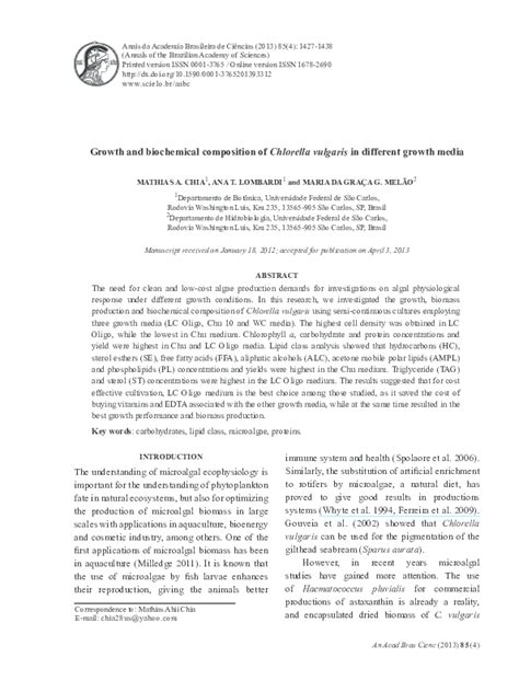 (PDF) Growth and biochemical composition of Chlorella vulgaris in different growth media ...