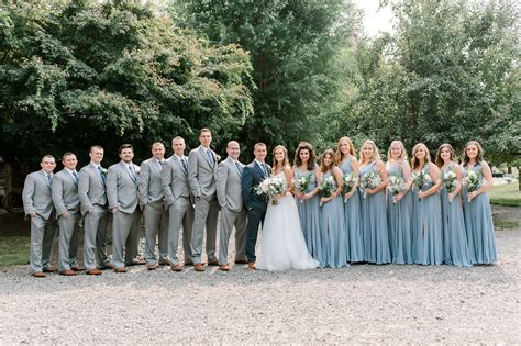 Dusty blue wedding bridesmaids dresses Grey suits groomsmen | Wedding ...