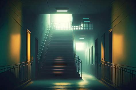 Premium Photo | Stairs in hospital corridor with light burning at night