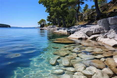 Premium AI Image | a white rock formation is off the shoreline and the water is blue