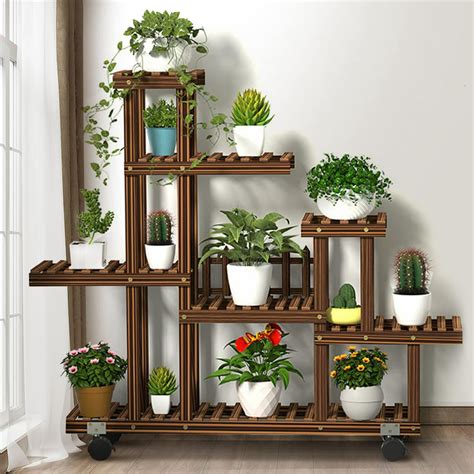 9/13 Potted Wooden Plant Stand, Indoor Outdoor Multiple Flower Pot Holder Shelf, 5/7 Tiers Plant ...