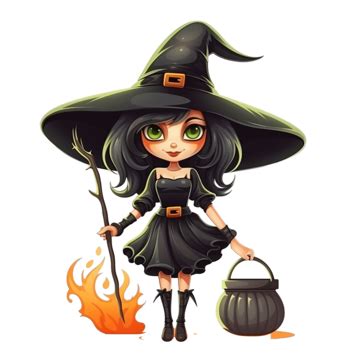 Halloween Vector Illustration Witch Standing With Broom And Pot Cartoon Illustration, Cauldron ...