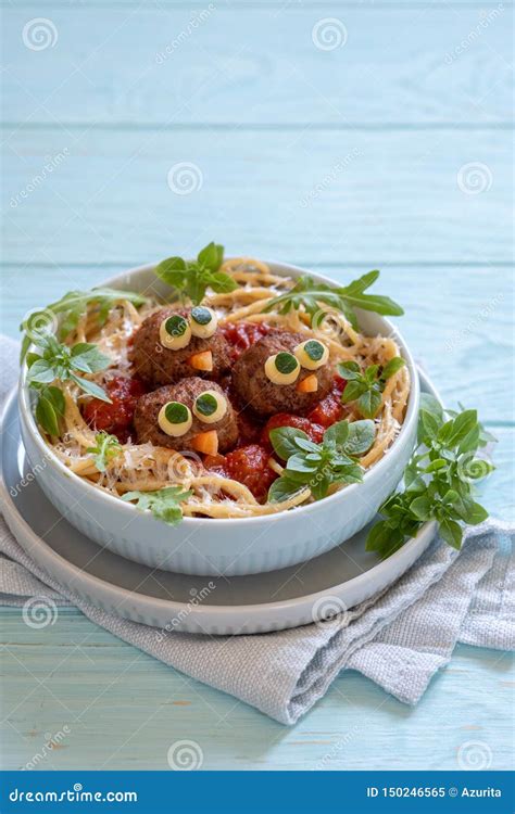 Pasta Spaghetti with Funny Meatballs for Kids Stock Image - Image of ...