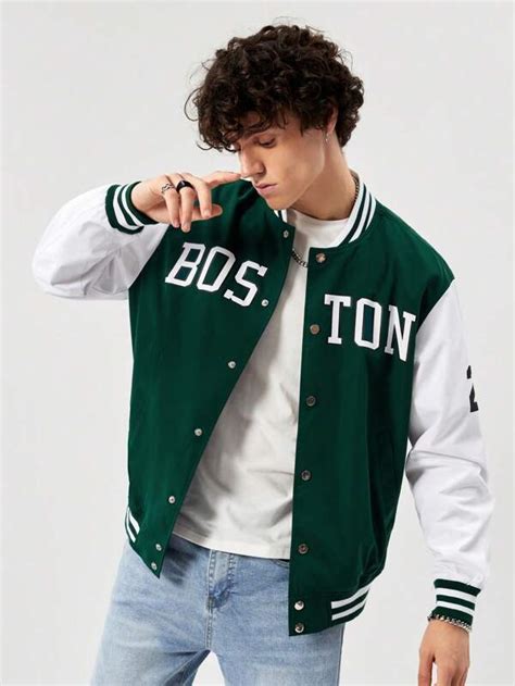 SHEIN Men Letter Graphic Striped Trim Varsity Jacket | SHEIN UK