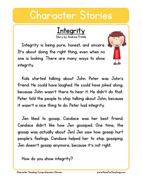 Integrity Character Reading Comprehension Worksheet by Teach Simple