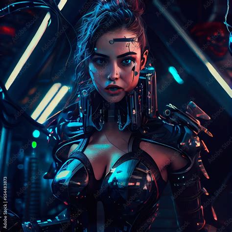 Portrait of a sci-fi cyberpunk warrior. High-tech futuristic woman from the future. The concept ...