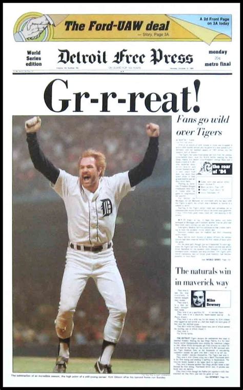 Kirk Gibson and the Tigers win the World Series in 1984. Front page of the Detroit Free Press ...