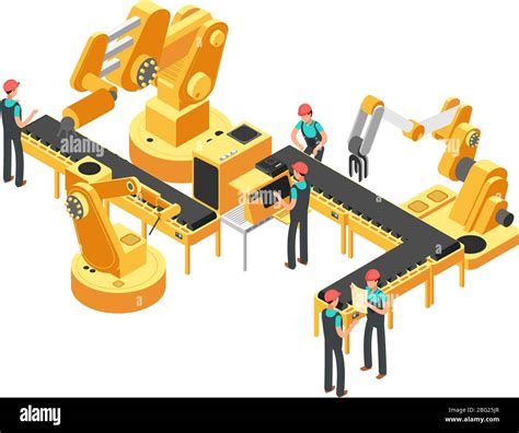 Conveyor production line automotive industry and automation control isometric vector concept ...