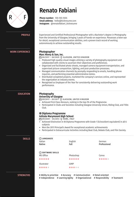 Creative Photographer Resume Template | Kickresume