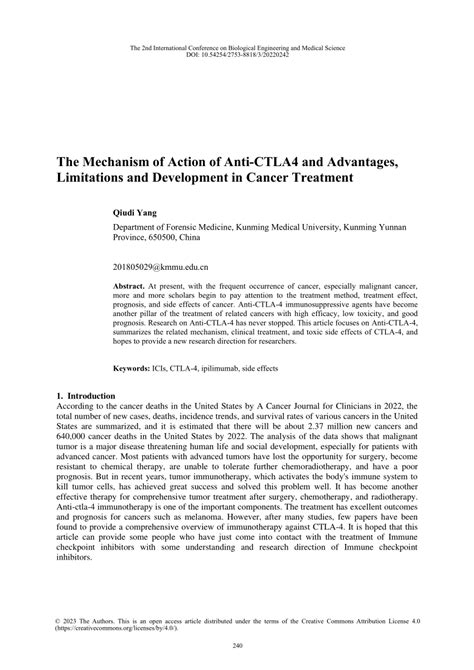 (PDF) The Mechanism of Action of Anti-CTLA4 and Advantages, Limitations and Development in ...