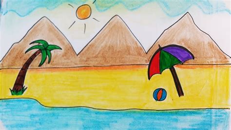 Easy Beach drawing| Simple beach drawing and coloring| Learn scenery painting - YouTube