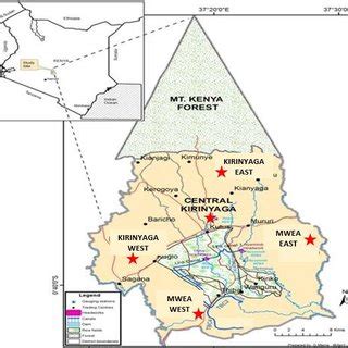 Kirinyaga County map showing the five sub counties (stars) visited ...