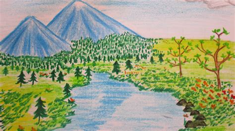 How to draw landscape of a river-mountains-trees and flowers | Scenery Drawing Channel#26 - YouTube