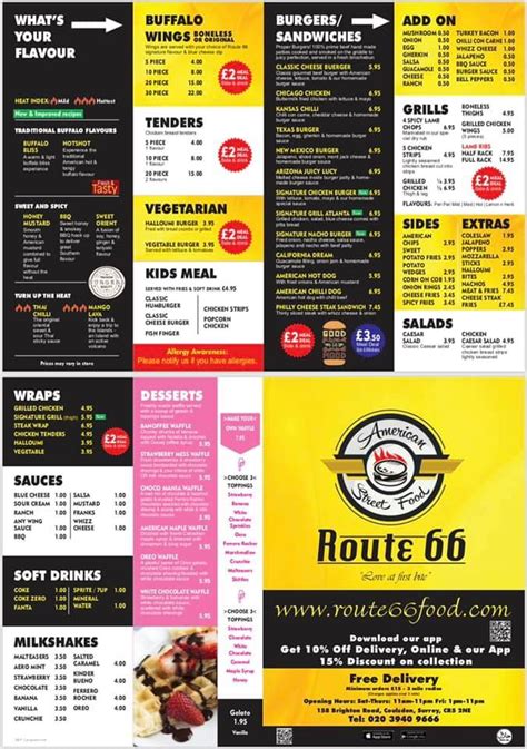 Menu at Route 66 restaurant, Coulsdon