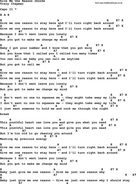 Song lyrics with guitar chords for Give Me One Reason