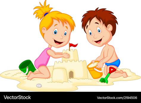 Children cartoon making sand castle Royalty Free Vector