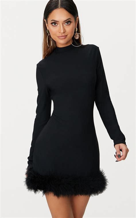 Black Feather Hem Detail Long Sleeve High Neck Bodycon Dress | PrettyLittleThing IE