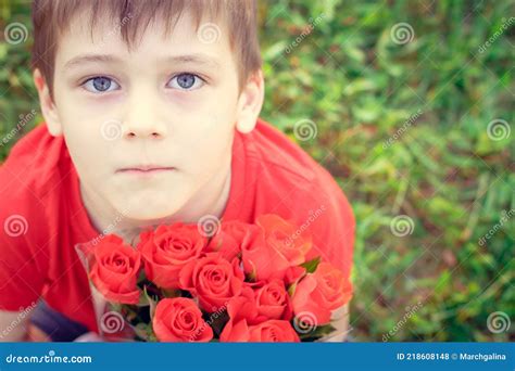 Cute Baby in Bright Red T-shirt with Roses. Portrait of Child Stock Photo - Image of care ...