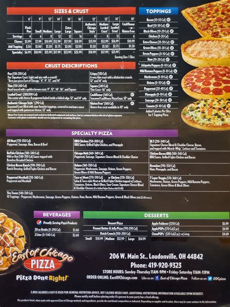 Menu at East of Chicago Pizza restaurant, Loudonville, 206 W Main St