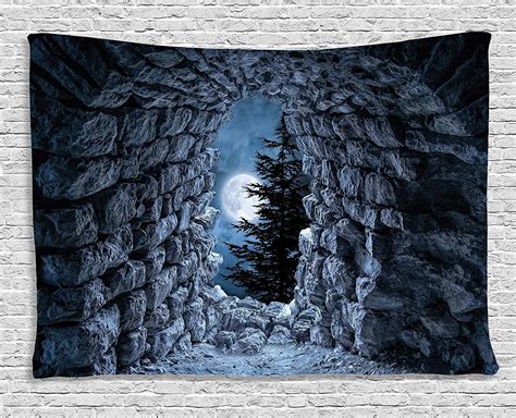 Gothic Decor Tapestry Dark Cave with the Light of Full Moon at Night ...