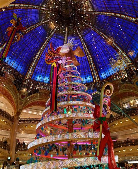 Christmas Tree in Galeries Lafayette in Paris on Boulevard Haussmann. Galeries Lafayette is One ...