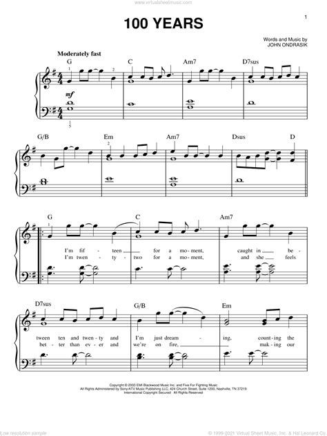 Fighting - 100 Years, (easy) sheet music for piano solo [PDF]