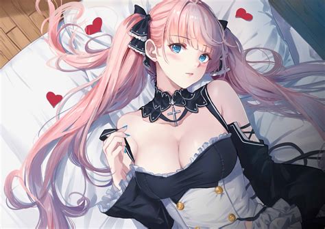 Pink Hair Anime Girls Lying Down Looking At Viewer Cross Heart Maid ...