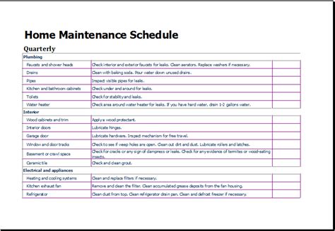 Home Maintenance Schedule Template for Excel | Download File