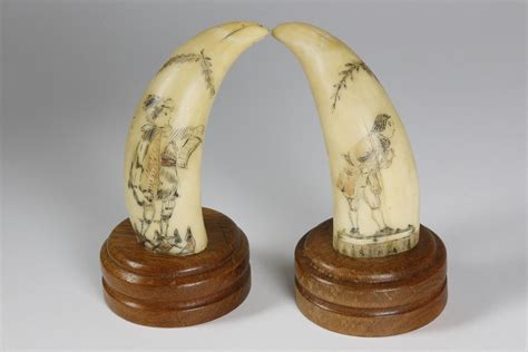 Pair of Scrimshaw and Polychrome Whale Teeth circa 1860-1870 - Pair of ...