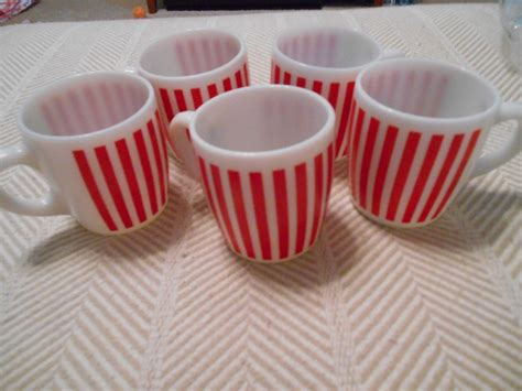 Lot of 5 Red & White Striped Milk Glass Coffee Mugs, cups -- Antique Price Guide Details Page
