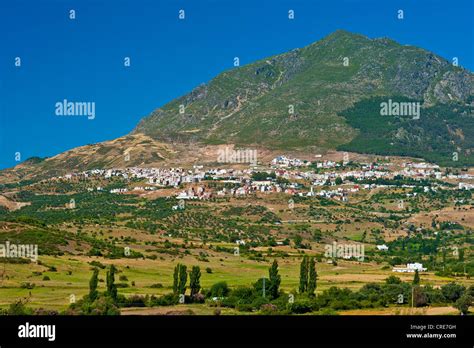 Typical mountain landscape, town of Chefchaouen and it's surrounding small fields, Rif Mountains ...