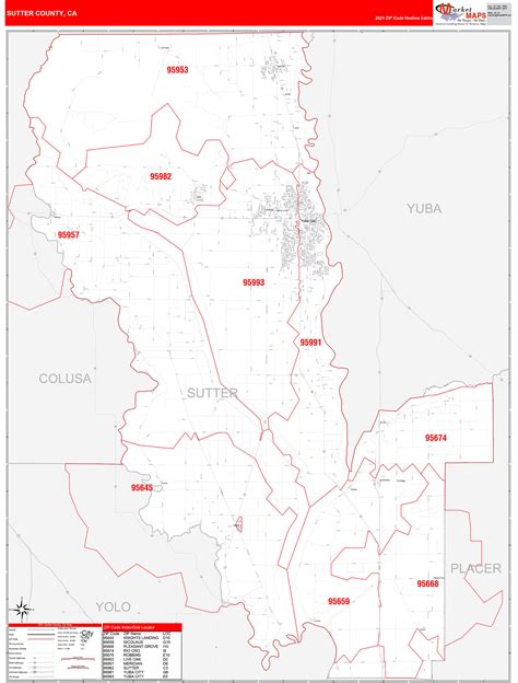 Sutter County, CA Zip Code Wall Map Red Line Style by MarketMAPS - MapSales