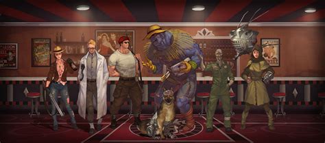 some people and a dog are standing in front of a bar with an alien on ...