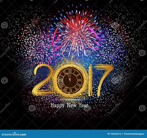 Happy New Year 2017 Clock and Fireworks Stock Vector - Illustration of ...