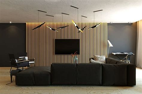 lambris mural lamelles suspensions-canapé-angle-noir-salon | Living ...