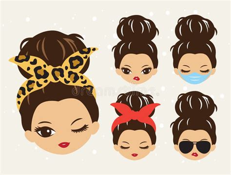 Cute Girls with Messy Bun and Bandana Hairstyle Vector Stock Vector - Illustration of character ...