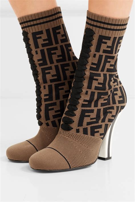 Fendi Logo-jacquard Stretch-knit And Mesh Sock Boots in Brown - Lyst