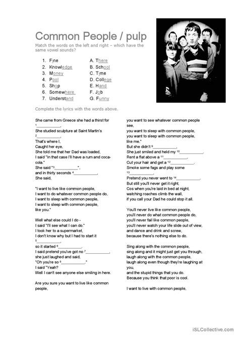 Pulp - Common People song and nurser…: English ESL worksheets pdf & doc